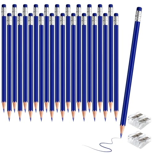 24PCS Erasable Colored Pencils with Eraser Pre Sharpened Pencil 2 HB - Ideal for Checking, Grading, Tests & Office/School Supplies (dark blue) - color: Dark Blue