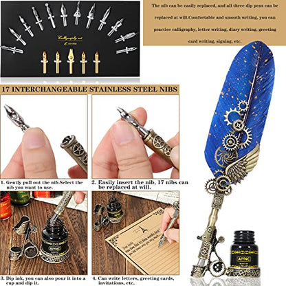 Quill Pen Ink Set, With Quill Pen, Wooden Dip Pen, Glass Dip Pen, 6 Bottles Ink, 16 Letter Paper, 2 Envelopes, 17 Nibs, Pen Holder,2 Bottles Fire Lacquer Wax, Stamp, Spoon, White Wax, Cup(Blue) - color: Blue