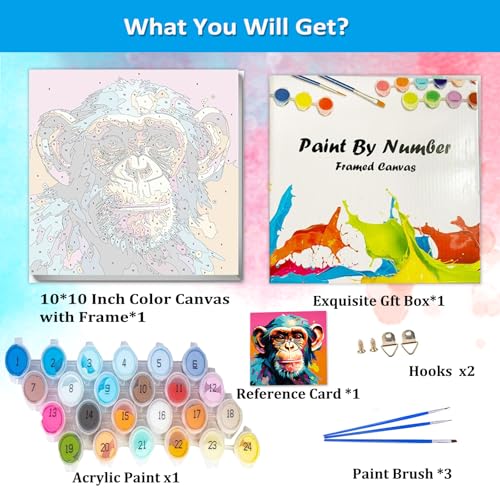 Artunion Framed Paint by Numbers Kit for Adults Beginners & Kids Ages 8-12,Colorful Monkey Paint by Number with Frame,Animals Paint by Numbers Kit on Canvas 10 * 10 Inch Without Easel - color: ZXT-267-F