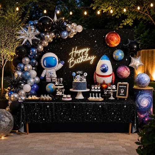 Blue Orchards Space Party Table Covers (Pack of 2) - 54"x108" XL - Plastic Tablecloth for Galaxy Theme Birthday, Outer Space Decoration Astronaut, Planet, Solar System, Night Sky Backdrop & Supplies - color: Space (Pack of 2)