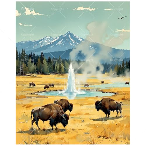 Yellowstone Wildlife Paint by Numbers Kit for Adults - DIY Bison and Geyser Scene with Mountains Painting on Canvas 8X12In, Framed Acrylic Paint Set for Beginners, Art for Decoration or Gifts - color: FM06810, size: 8×12in Framed