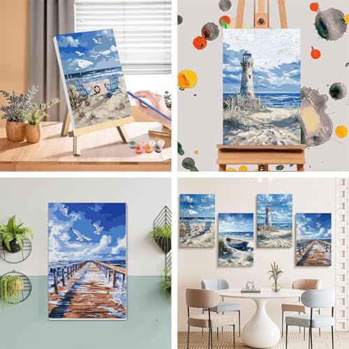 4 Pack Beach Paint by Numbers for Adults with Framed Canvas - Wooden Easel - color: BKH2393+BKH2394+BKH2395+BKH2396