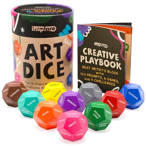 Art Dice – 12-Sided Wooden Dice with 120 Prompts to Help You Decide What to Draw or Paint – Creative Playbook with Games and Activities – Fun, Inspiring Gift for Artists of All Levels