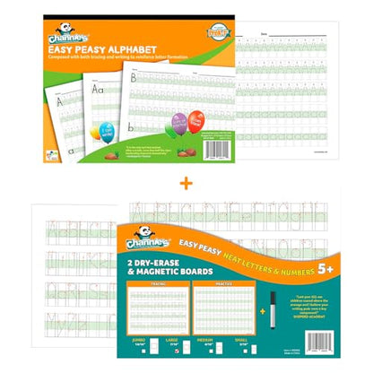 Channie’s Easy Peasy Alphabet Handwriting Workbook + 2 Easy Peasy Dry-Erase Neat Numbers & Letters Tracing Magnetic Boards for Pre-K - 1st Grade, Homeschool Learning & Summer School Teaching Supplies - style: Easy Peasy Alphabet Handwriting Pre-K - 1st Gr