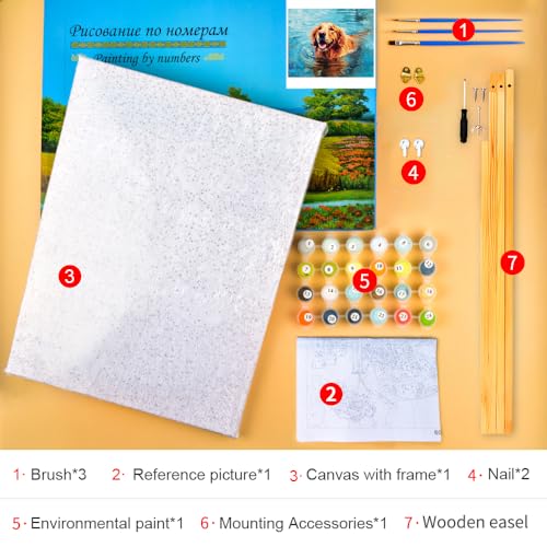 TUMOVO Paint by Number for Adults on Canvas - Puppy and Dog DIY Craft Kit - Animal-Themed Adult Paint-by-Number - 16x20 Inch (Framed) - color: Puppy(Framed)