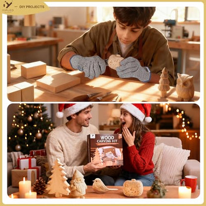 Wood Carving Kit for Beginners, Wood Carving Tools with 3Pcs Whittling Knife 7Pcs Basswood Carving Blocks, Grade 5 Anti Cutting Gloves, Leather Strop, Polishing Compound, Entry-Level Carving Gift Set