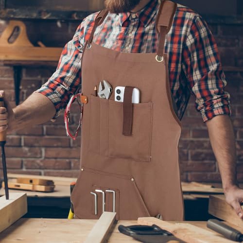 Men's Canvas Tool Apron, Heavy Duty Multi-Pocket Work Apron for Woodworking Gardening Bartender Adjustable Straps - color: Brown
