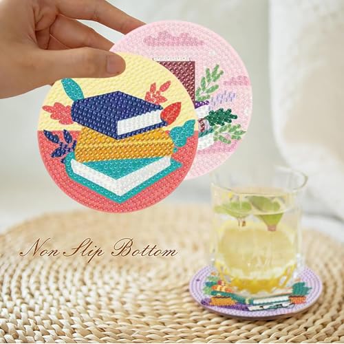 8 Pcs Book Diamond Art Coasters Kit - DIY 5D Diamond Painting Coasters with Holder, Mini Diamonds Arts Kits for Adults Coaster with Cork Pads, Gem Arts Dots Painting Crafts Supplies for Home Decor - color: Jxbd65-us