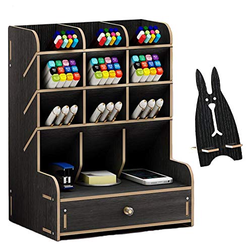 Marbrasse Wooden Desk Organizer, Multi-Functional DIY Pen Holder, Organizer for desk, Desktop Stationary, Easy Assembly, Home Office Art Supplies Storage with Drawer (B11-Black) - color: B11-Black