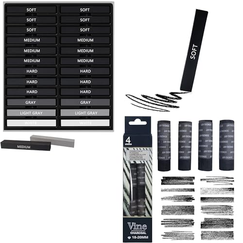 24 Pcs Compressed Charcoal Sticks and 4 Pcs Vine Charcoal Sticks, 18-20 MM Jumbo Vine Charcoal Pencils