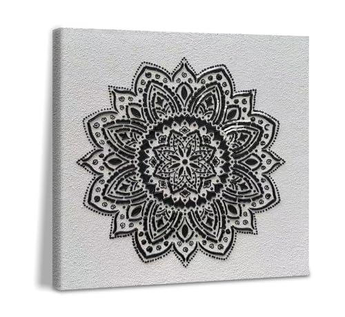 Art Hand-Painted Modern Minimalist Style Black and White Abstract Art Mandala Patterned Oil Painting for Home Wall Decoration 24x24 Inches - color: Yi141