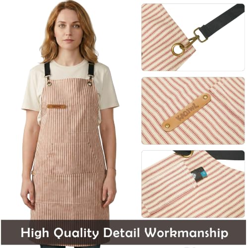 Professional Unisex Chef Apron – Cross-Back, Large Pockets, Water-Resistant Cotton Canvas - color: Red Strap