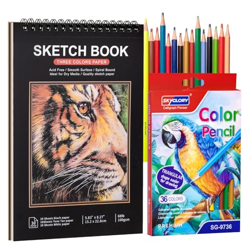 A5 Sketchbook Kit with 36 Colored Pencils, Spiral Pad, 5.8 x 8.3 in | 30 sheets, 100gsm acid-free paper, hardcover backing, perforated pages, for sketching and dry media - size: 5.8x8.3 inch Kit