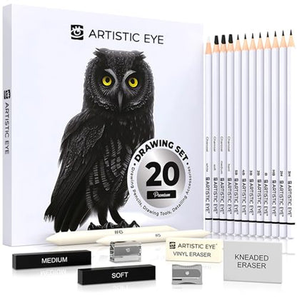 ARTISTIC EYE Premium Drawing and Sketching Pencil Art Set (20 Items): Complete Kit with Graphite Pencils, Charcoal Pencils, Sticks, Blending Stumps, Erasers, and Sharpeners
