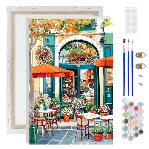 Lxmsja Street Café Paint by Numbers Kit for Adults, Street Scenes Acrylic Paint by Numbers for Adults Beginner, DIY Craft Supplies Oil Painting Kits for Home Wall Decor 8x12 inch (Framed) - color: green#087