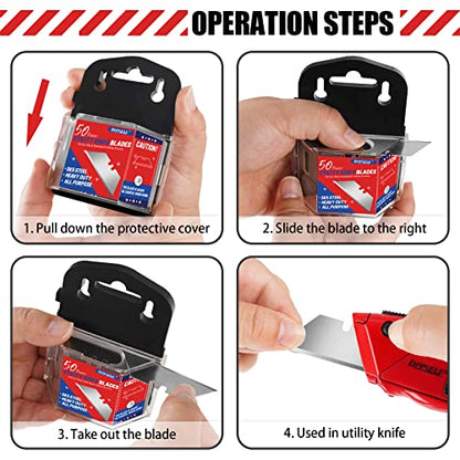 DIYSELF 50 Pack Utility Knife Blades, SK5 Steel Box Cutter Blades with Dispenser, Standard Blades for Box Cutter Utility Knife Replacement, Sharper Utility Blade, Refills | Standard replacement blade refills with dispenser for box cutters and razor knives