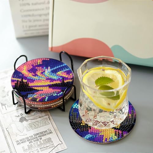 gganmtere 8P Aurora Diamond Art Coasters Kits, Landscape Diamond Painting Coasters Kits for Adults with Holder, DIY 5D Nature Scenery Diamond Dots Present - color: Jxbd121