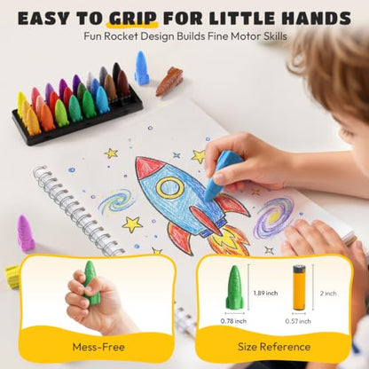 JUPITEARTH Rocket Crayons, Toddler Crayons, Non-Toxic & Washable, 12 Colors | Crayons for Toddlers 1-3, Kids Crayons Ages 2-4, Easy-to-Hold & Mess-Free Coloring Preschool Supplies