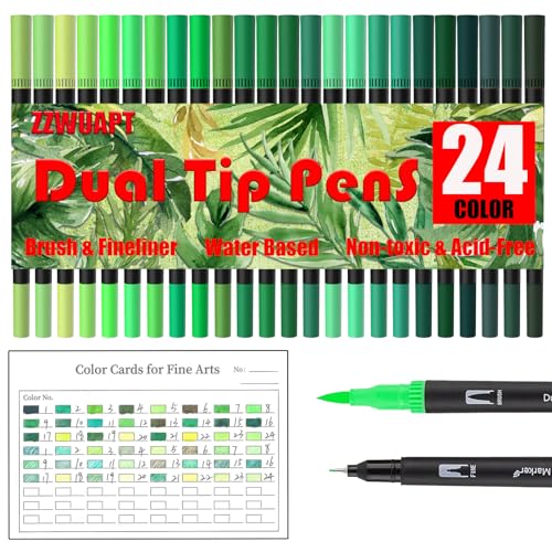 Green Double Tip Brush Pens Art Markers,24 Colored Artist Fine Brush Pen Coloring Markers for Adult Drawing Art Craft Kit - color: Green