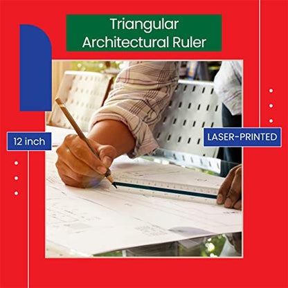 Better Office Products Triangular Ruler, 12 Inch Metal, Triple Sided Color Coded, Imperial Scale, Drafting & Architect Ruler (1 Pack)