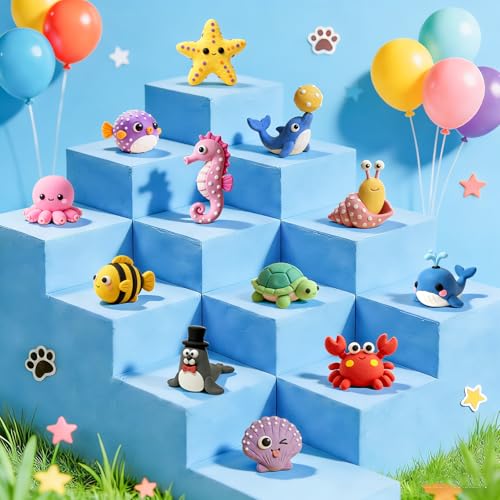 Air Dry Clay Kit - 12 Marine Animal Modeling Clay for Kids, Complete DIY Clay Craft Set with Sculpting Tools & Step-by-Step Tutorials, Ultra Soft & Non-Sticky Clay, Children's Day Gift Ideas - color: Clay Marine Kit