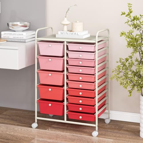 COSTWAY 15 Drawer Rolling Storage Cart, Mobile Storage Organizer | Removable Drawers & Metal Frame, Multipurpose Utility Tools Paper Organizer on Wheels for Home, Office (Mixed Pink) - color: Mixed Pink, size: 15 Drawer