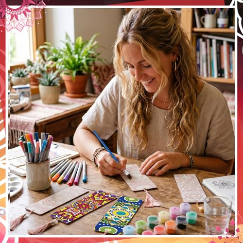 Kosiz 12 Pcs Mandala Paint by Number Kit for Adult Wood Bookmark | Mini Flower Paint by Numbers Kit, Painting Decor, Floral Tassels Blank Bookmarks, for Small DIY Craft Book Lovers Gift 7x2 '' - style: Mandala