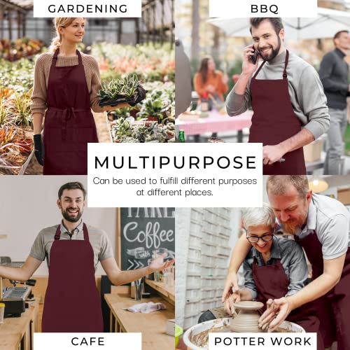 RAJRANG 100% Cotton Cooking Apron with 3 Pockets Kitchen Chef BBQ Adjustable Bib Aprons for Women Men - color: Tawny Port Maroon