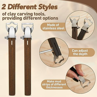 2 Pcs Pottery Handle Making Tools, Adjustable Clay Cutters,Simple Style | Mug Handle Carving Tool for Beginners Enthusiasts, Adjustable Cut Depth, Steel Cutting Heads, Smooth Wood Grips, Home Studio - color: Simple Style