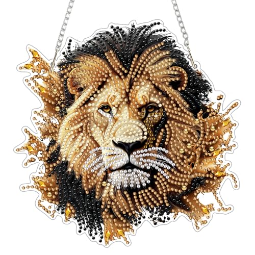 Genius maker Lion Diamond Art Hanging Kits for Adults, Animal Diamond Painting Pendant Kits, DIY Acrylic 5D Special Shaped Crystal Diamonds Gem Art Painting Ornament for Home Wall Decor Gift 8x8 Inch - color: AS042