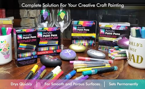 ArtShip Design 35 Premium Acrylic Paint Pens, Double Pack of Both Extra Fine and Medium Tip, for Rock Painting, Mug, Ceramic, Glass, and Fabric Painting, Water Based Non-Toxic and No Odor - color: Multicolor