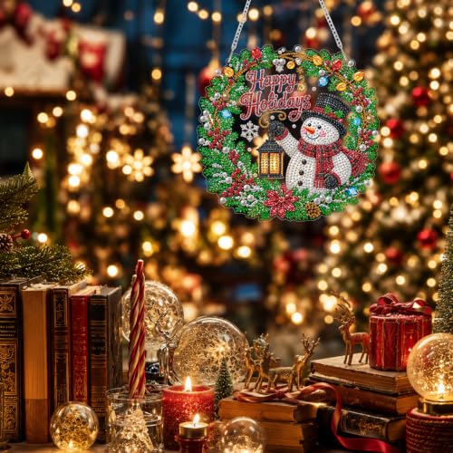 Eiflow Acrylic Diamond Art Pearl Kit for Adults Snowman Wreath, DIY Pearl Diamonds Painting Door Hanger Board Kit Diamond Art Painting Pendant Ornament (Happy Holiday) - color: Wreath