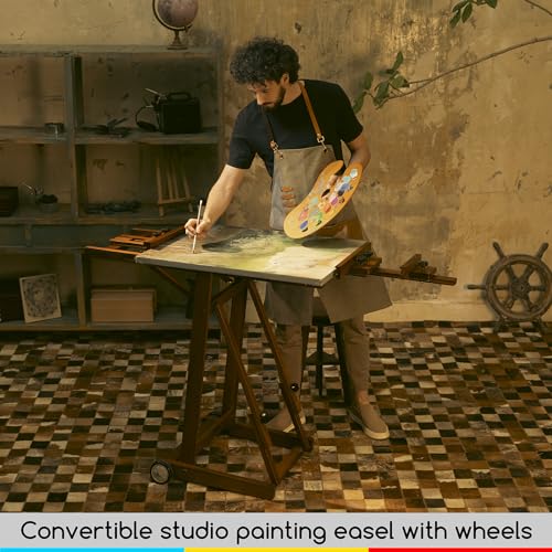 MEEDEN Studio H-Frame Easel -Adjustable Beech Wood Studio Art Easel, Painting Floor Easel Stand, Movable and Tilting Flat Available, Holds Canvas Art up to 77",Classic Walnut - style: Walnut