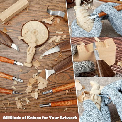 Wood Carving Tools, 15Pcs Wood Carving Kit with PU Storage Bag, Wood Whittling Kit with 6Pcs Whittling Knives & 5 Detail Carving Knives for Adults Wood Carving DIY