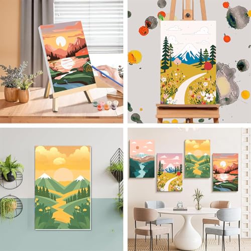 4 Pack Scenery Paint by Numbers for Adults with Frame Canvas - Wooden Easel - color: BKH2198+BKH2199+BKH2200+BKH2201