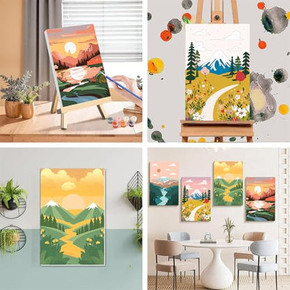 4 Pack Scenery Paint by Numbers for Adults with Frame Canvas - Wooden Easel - color: BKH2198+BKH2199+BKH2200+BKH2201