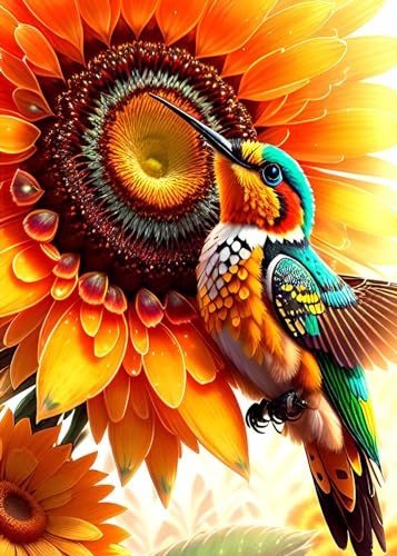 KINPLUB Hummingbird Diamond Painting Kits for Adults, 5D Bird Sunflower Diamond Art Kits for Beginners, DIY Full Round Drill Paint with Diamonds Dots Gem Art, Home Wall Decor 12 x 16 Inch - color: Colorful hummingbirds