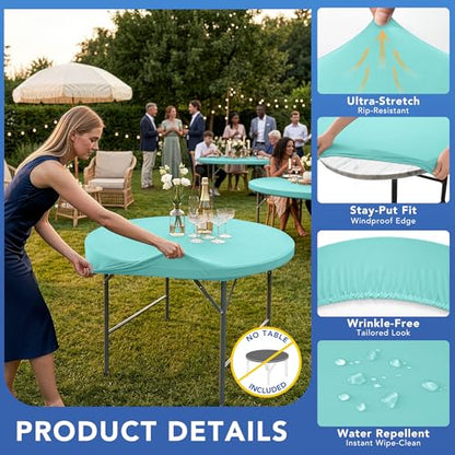 Round Fitted Tablecloth with Elastic-Spandex Table Covers 60 Inch | 2 Pack Aqua Blue Spandex Stretch Windproof Washable Folding Banquet Tablecloths 5ft-Party Event Outdoor Trade Show Dining - color: Aqua Blue, size: 60'' Round | 2 Pack