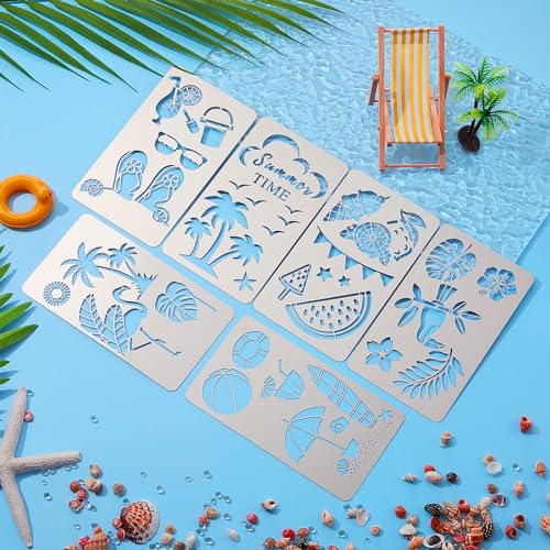 Lewtemi 6 Pcs Metal Wood Burning Stencils, Summer Style Letters Numbers | Engraving Templates for Journaling Crafts, Uppercase Lowercase Symbols, Reusable in Wood Carving Scrapbooking Projects - style: Summer Style