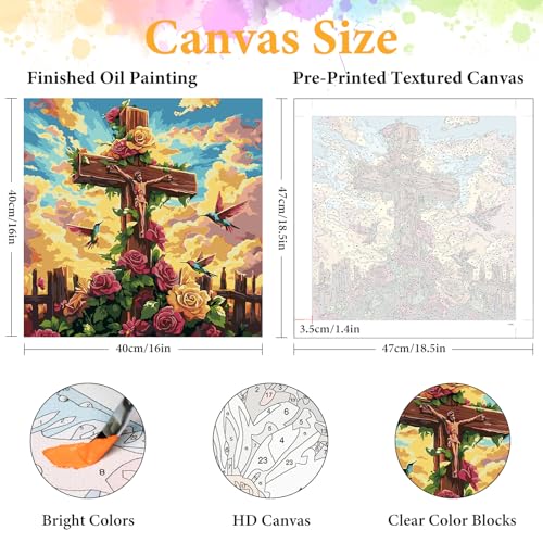 Paint by Numbers Kit for Adults, Christian Cross & Roses Design, 16x16 Inch | DIY Acrylic Painting Kit on Canvas for Beginners, Relaxing Arts & Crafts for Stress Relief, Home Wall Decor & Gift - color: HMOP25901
