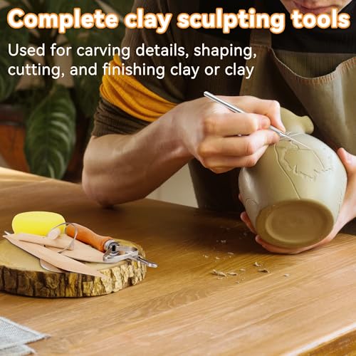 Pletpet 20Pcs Pottery Tools Kit for Adults, with 1 Wooden Rolling Pin, 10 Pottery Rolling Mud Sticks, 8 Clay Sculpting Tools and 1 Premium Linen for Ceramic, Polymer Clay & Beginners