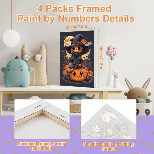 Halloween Paint by Numbers for Adults with Framed Canvas - Wooden Easel | 4 Pack Paint by Number on Canvas, DIY Halloween Acrylic Oil Painting Kits with Brushes for Home Wall Decor (8x12 inch) - color: BKH2697+BKH2698+BKH2699+BKH2700