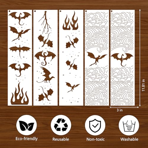 AFRITEE Flying Dragon Stencils for Painting, 16 Pcs Fantasy Reusable Book Edge Stenciling for Crafts Kit, Dragon Paint Stencils for Canvas Wall Home Floor Furniture Spray Painting Book Edge - style: Flying Dragon