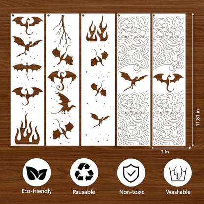 AFRITEE Flying Dragon Stencils for Painting, 16 Pcs Fantasy Reusable Book Edge Stenciling for Crafts Kit, Dragon Paint Stencils for Canvas Wall Home Floor Furniture Spray Painting Book Edge - style: Flying Dragon