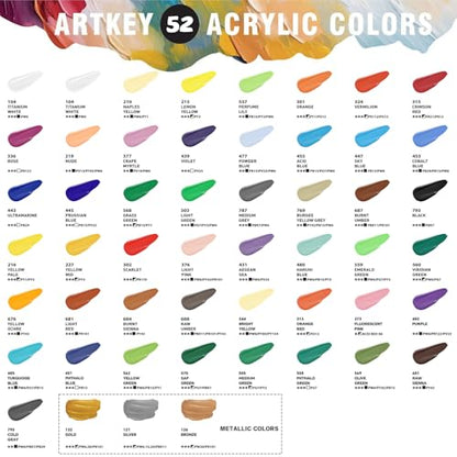 Artkey Acrylic Paint Set - 52 Colors 2 oz/59 ml Acrylic Paints Professional Artists Painting Kit for Canvases Fabric Rock Leather Easter Egg Wood Ceramic Glass Art Craft Painting - color: 52 Colors, style: Basics