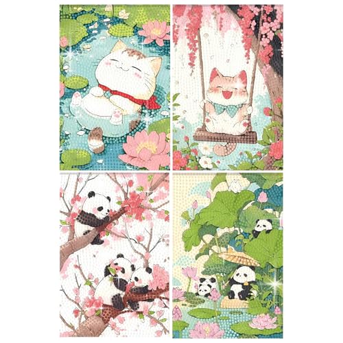 PERFECTSIGHT Cute 5D Diamond Art Kits, Kawaii DIY Painting Art for Adults Teen, 4 Pack Diamond Arts and Crafts Sets, Big Gem Full Drill Diamond Dots for Women (Cat+Panda) - style: Cat+Panda