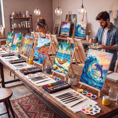 Ctosree 72 Pcs Seaside Scenery Paint and Sip Kit for Adults 8'' x 10'' Pre Drawn Canvas for Painting DIY Pre Printed Canvas for Party Favor Acrylic Painting Kit Wood Easel Brushes Date Night Bulk - style: Seaside Scenery
