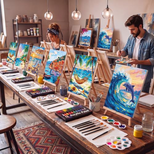 Ctosree 72 Pcs Seaside Scenery Paint and Sip Kit for Adults 8'' x 10'' Pre Drawn Canvas for Painting DIY Pre Printed Canvas for Party Favor Acrylic Painting Kit Wood Easel Brushes Date Night Bulk - style: Seaside Scenery