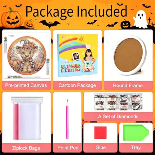 bleihum Halloween Diamond Art Kits for Kids with Round Frame 8X8 inch | Cow Small Diamond Art Painting for Kids Ages 8-12, Pumpkin Gem Arts and Crafts for Kid Gift Wall Decor - color: CC1203-US
