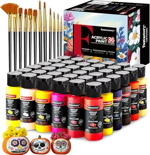 Fantastory 60ml 36 Colors Acrylic Paint Set with 12 Brushes | Professional Series, Thick Paints for Adults, Canvas, Wood, Fabric, Ceramic, Rock Painting - style: 36 Classic Colors